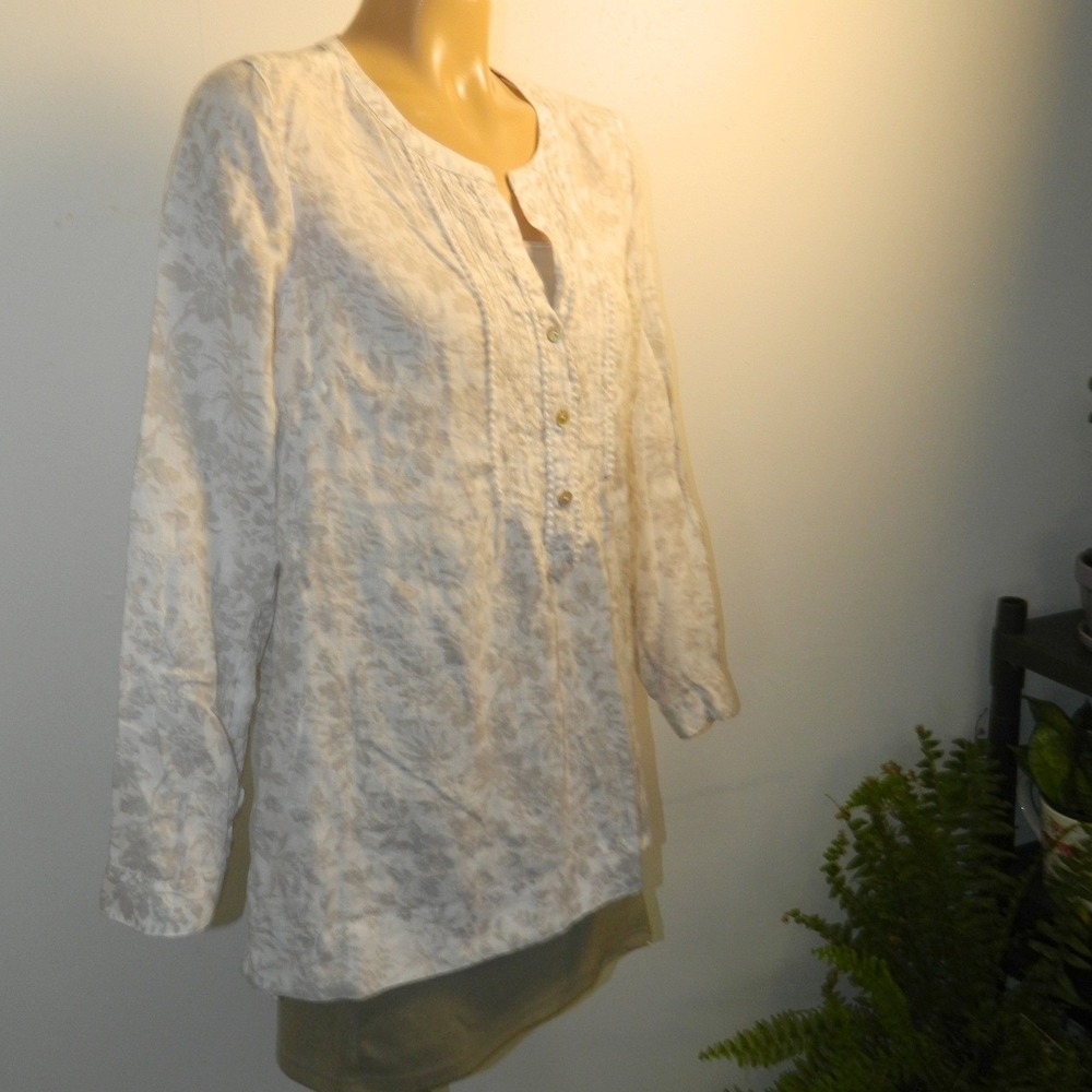 J. Jill Linen Tunic Blouse Womens L White Floral Pleated Pom Trim Long Sleeve
